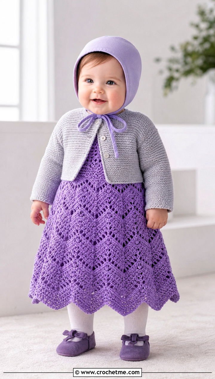 5. Chevron Lace Crochet Blessing Dress With Soft Knit Cardigan