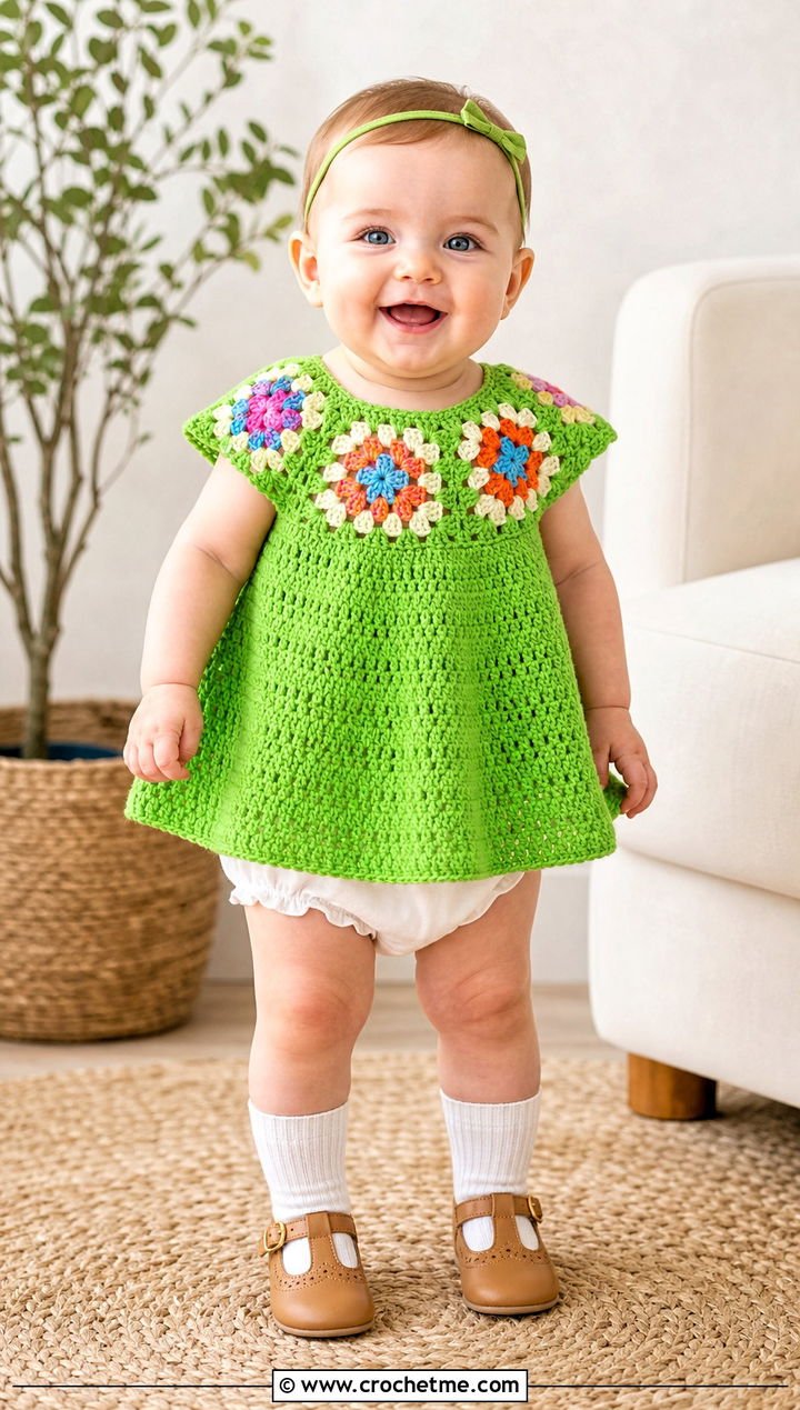 6. Granny Square Yoke Crochet Blessing Dress With Cotton Bloomers
