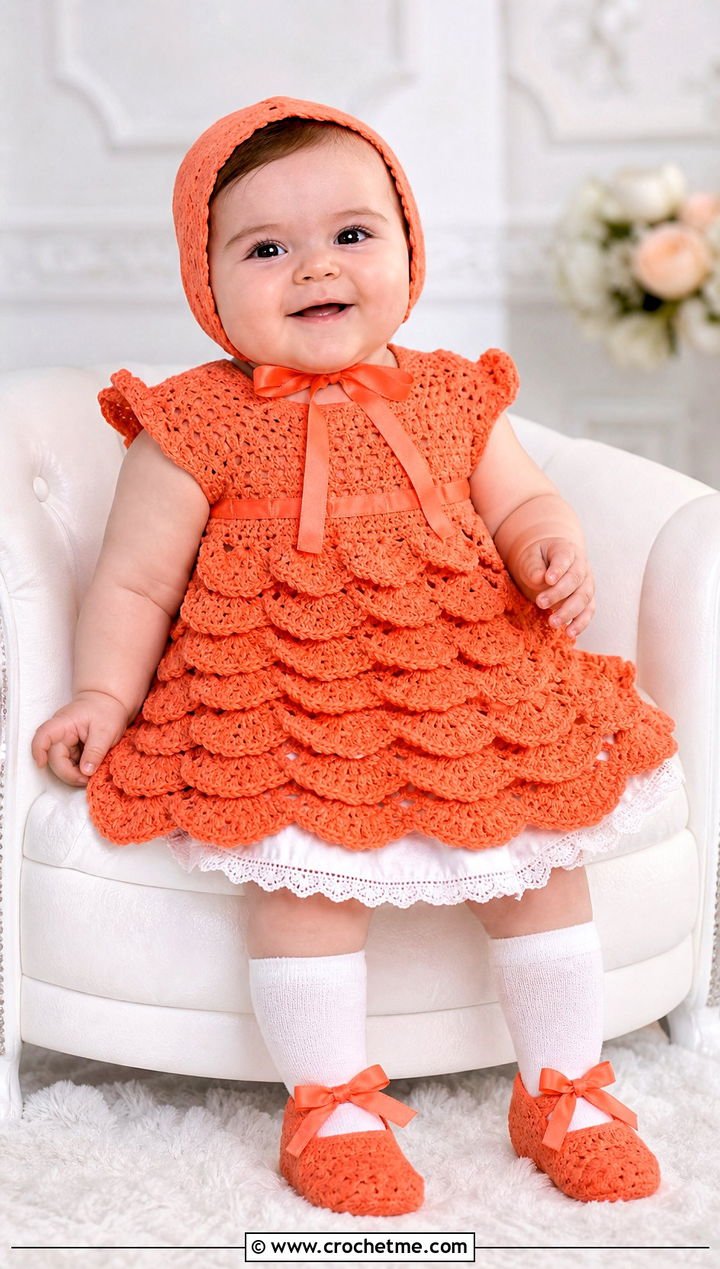 7. Shell Stitch Crochet Blessing Dress With Bow Shoes