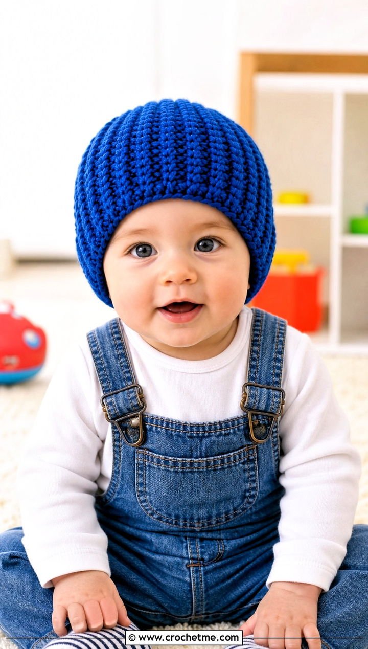 1. Ribbed Crochet Beanie With Denim Overalls