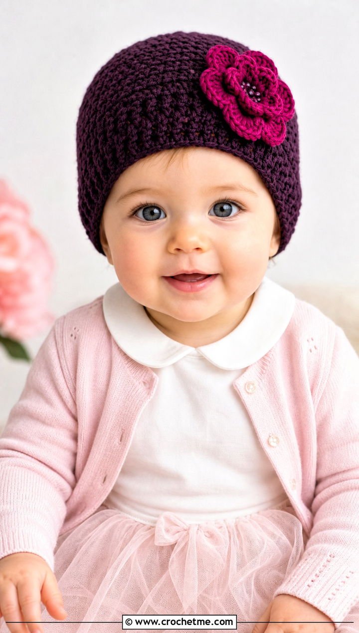 11. Flower Appliqué Crochet Hat With Tulle Skirt