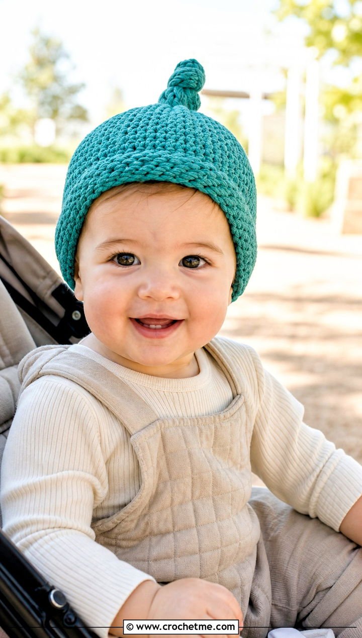 13. Top Knot Crochet Hat With Quilted Coveralls