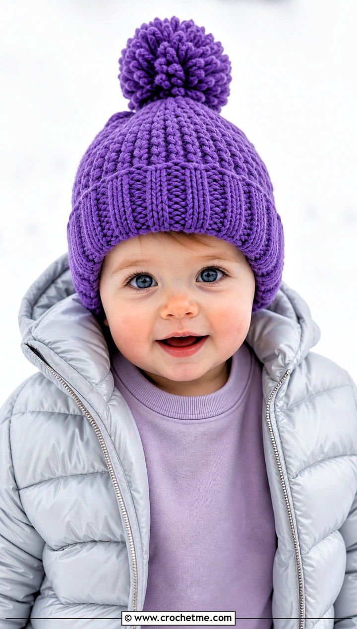 2. Pom-Pom Crochet Hat With Puffer Jacket