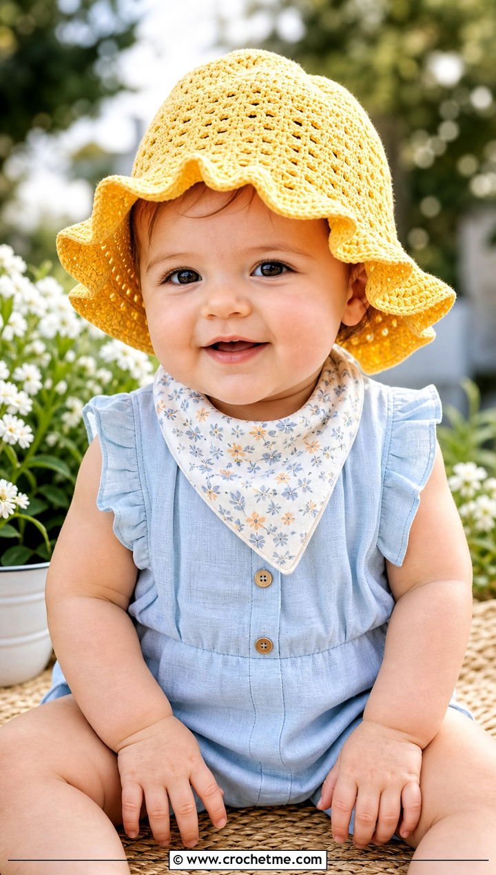 8. Scalloped Crochet Sun Hat With Linen Romper